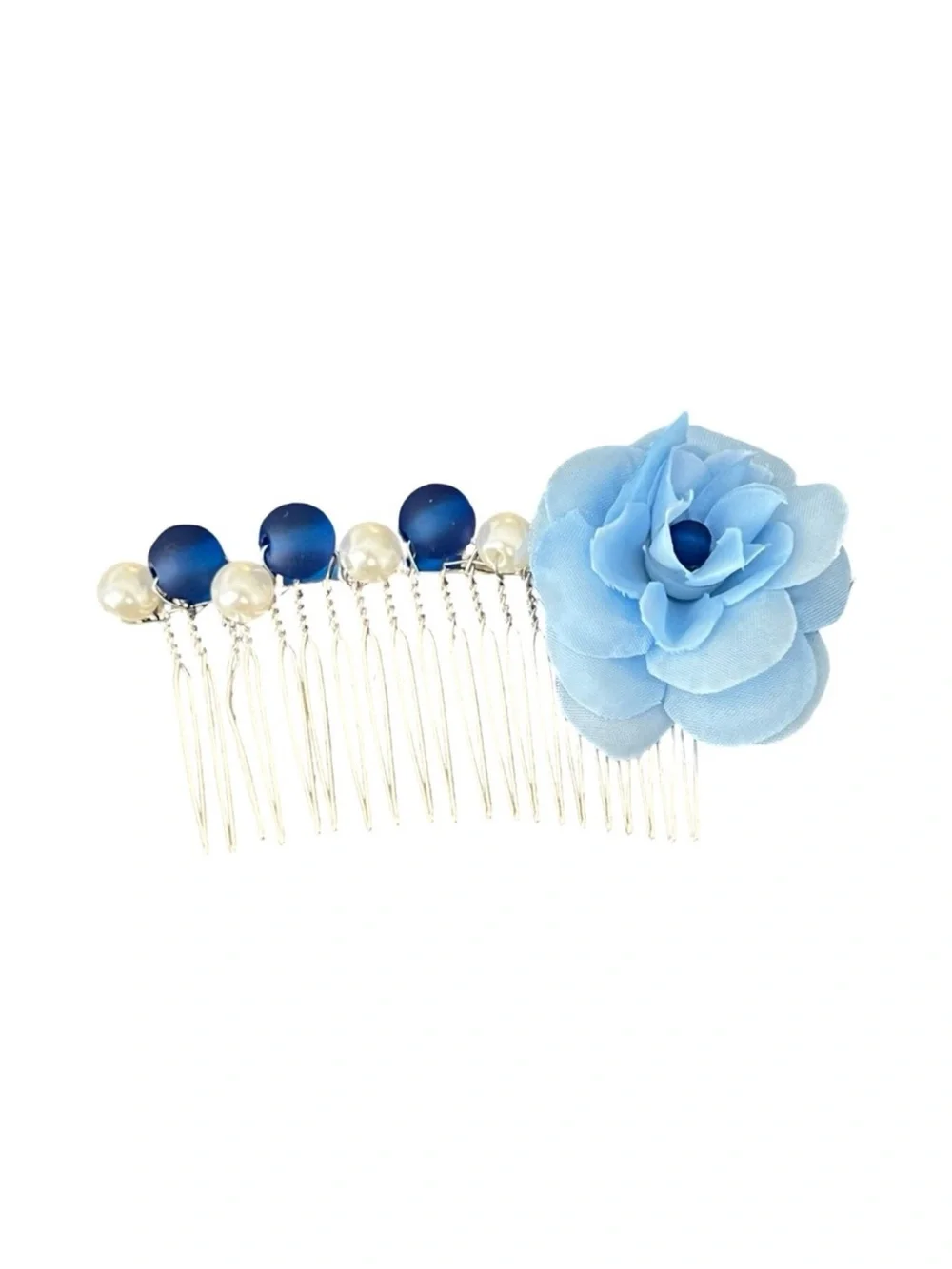 Elegant Blue Floral White Beaded Hair Comb 3.0”FINAL PRICE DROP